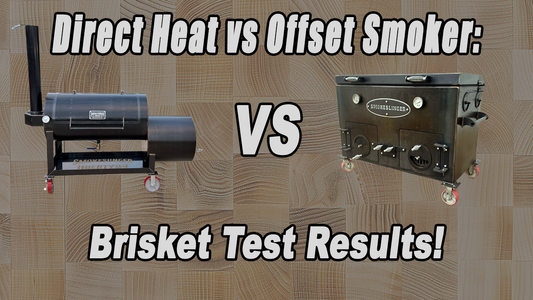 Liberty94 offset smoker with a Smokeslinger Direct Heat Cooker on a butcher block background with text overlay of the article title