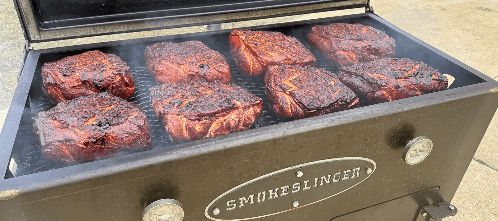 8 delicious pork butts cooked perfectly on a full size smokeslinger direct heat smoker