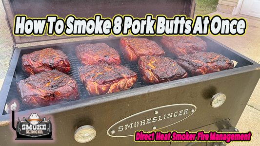 picture of a smokeslinger direct heat smoker with 8 juicy red pork butts inside cooked to perfection