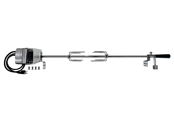 OneGrill rotisserie kit assembled: motor, spit rod, fork set, handle and mounting brackets