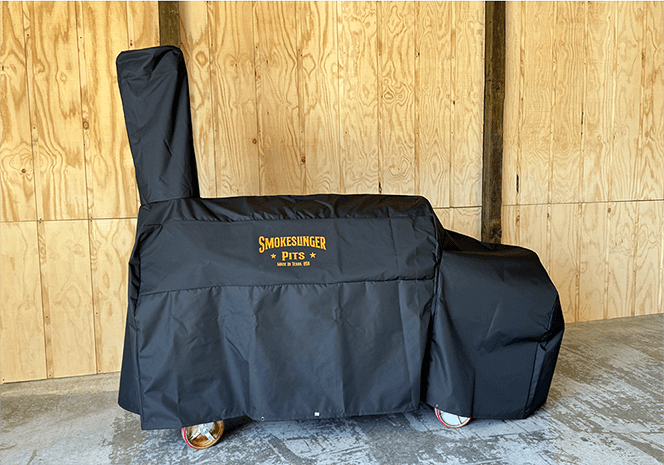 Liberty94 offset smoker covered with the custom-fit Liberty94 Cover, front view
