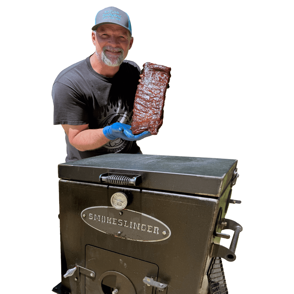 frank with a mini smokeslinger and an amazing slab of bbq ribs that he is very proud of