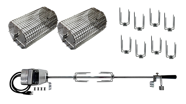 Full Size Smokeslinger rotisserie bundle by OneGrill: motor, spit rod, forks and two Universal Performer baskets
