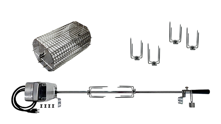 Mini Smokeslinger rotisserie bundle by OneGrill: motor, spit rod, forks and a Universal Performer basket